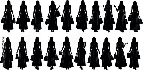 Women shopping silhouettes collection, elegant female fashion poses with bags illustration isolated on white - flavector