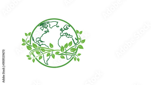Green globe illustration surrounded by leafy vines representing environmental conservation and ecological sustainability.