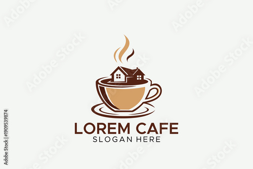 Coffee House Cafe Logo - Vintage Brown Coffee Cup with House Silhouette for Homey Cafe and Real Estate Branding