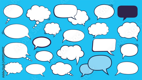 Large collection of white speech and thought bubbles in various comic book styles on a bright blue background.
