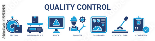Quality Control web banner icon vector illustration concept with icon of testing, weighing scale, error, engineer, dashboard, control lever, and completed.