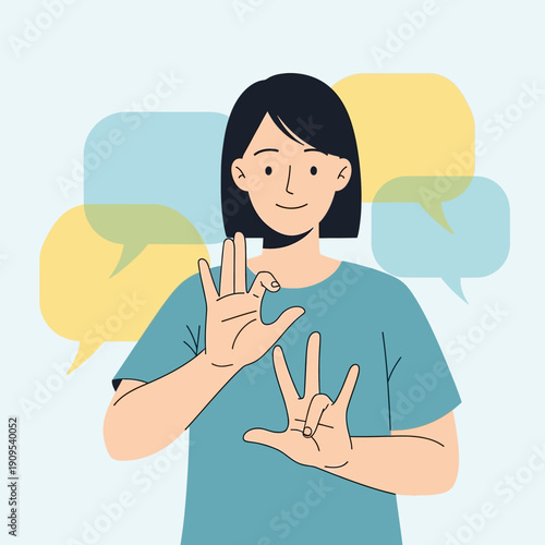 Woman communicating using sign language with speech bubbles symbolizing communication