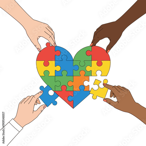 Diverse hands assemble a heart-shaped puzzle symbolizing unity, diversity and teamwork