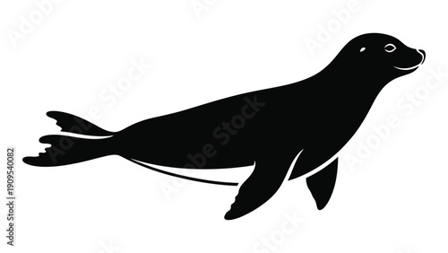 A sleek black seal swimming gracefully in the clear blue ocean waters isolated on white background, Vector