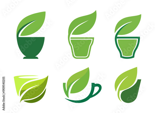 Green Tea and Herbal Drink Logo Set - Organic Leaf and Cup Icons for Healthy Beverage Branding