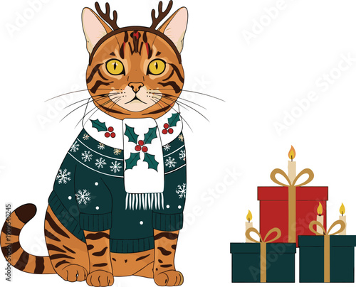 Christmas Cat Wearing Winter Sweater and Reindeer Antlers Sitting Beside Gift Boxes Vector Illustration for Holiday Greeting Card Design
