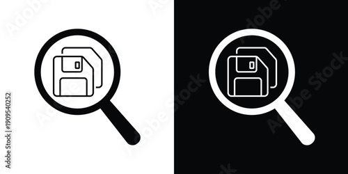 Magnifying glass icon featuring floppy disk storage symbols. Conceptual vector for searching digital archives, data recovery, legacy file discovery, and information technology management.