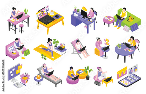 Remote work lifestyle elements collection isometric cartoon
