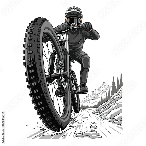 Mountain biker extreme sport pixel art illustration grayscale graphic