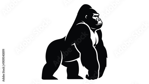 A detailed black and white illustration of a gorilla in a standing position. isolated on white background, Vector