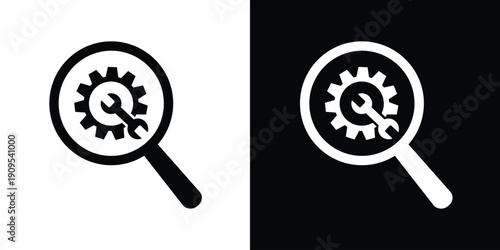 Magnifying glass icon with a gear and wrench inside. Flat vector graphic for technical search, system maintenance discovery, troubleshooting, and engineering optimization concepts.