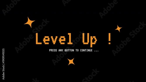 Level up pixel game message with stars suitable for game apps, websites, banners, and social media posts for enhancing gaming content.
