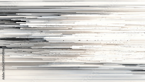 Grey and white abstract digital glitch art background with horizontal lines and rectangles