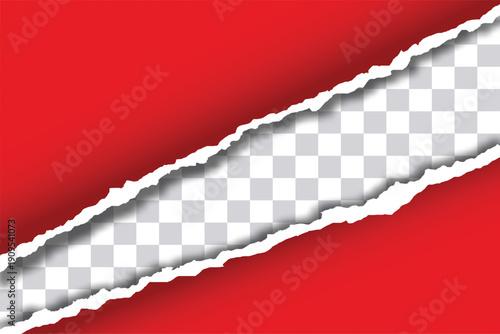 Red torn paper reveal background with rip strip, ripped edge frame, promotional banner vector