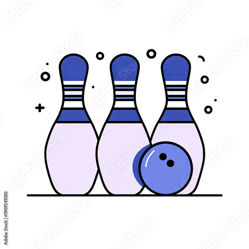 Illustration of bowling pins and a ball, simple cartoon style, with black background