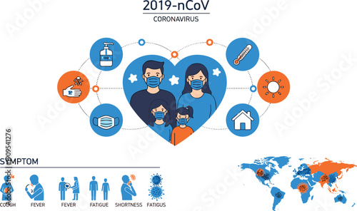 2019 nCoV coronavirus infographic illustration, covid19 symptoms, family wearing masks, global pandemic map, prevention awareness flat vector design