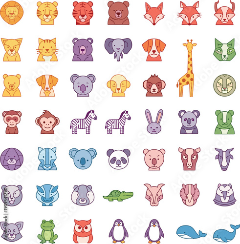 Cute animal face icon set with colorful flat pets, safari, forest and sea characters