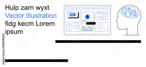 Data analysis, artificial intelligence, cognitive research, neuroscience, technology communication, information flow. Dashboard interface with graphs and stylized human profile brain illustration