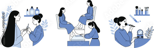 Beauty,salon,spa,concept,illustration,women,skincare,makeup,manicure,pedicure,self,care,cosmetics,wellness,relaxation,facial,vector,flat,design,modern