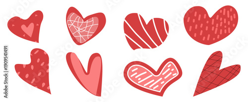 Collage hearts with patterns and doodles. Hand drawn, elements. 