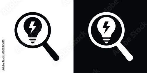 Magnifying glass with a light bulb inside. Represents searching for ideas, creative discovery, innovation, problem-solving, and brainstorming. Clean vector icons for business and creativity.