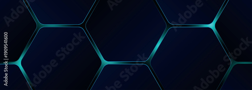 Dark abstract background with hexagon shapes and glowing blue lines. Modern and futuristic technology vector design for banner, advertising and website. EPS. 2