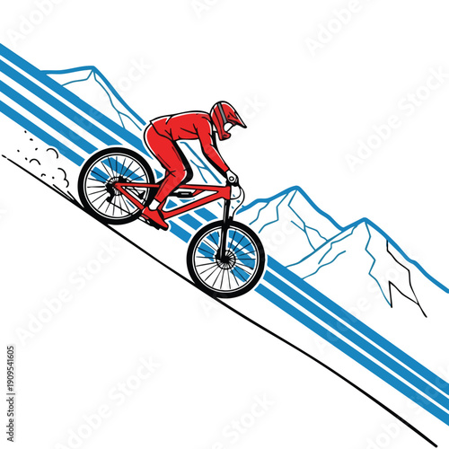 Dynamic downhill mountain biker illustration, extreme sport action vector graphic for stock