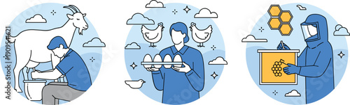 Agriculture and farming concept vector illustration featuring goat milking, poultry egg production, and beekeeping honey harvesting activities