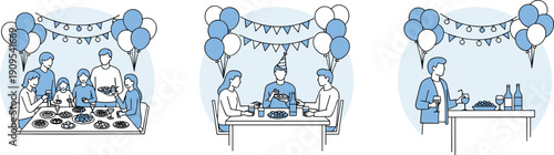 Birthday party celebration illustration, friends family gathering, festive dinner table, balloons decoration, social event concept, flat design, vector, modern