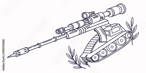A detailed illustration of a sniper rifle mounted on a tank chassis, symbolizing a powerful and strategic weapon system, adorned with olive branches for peace