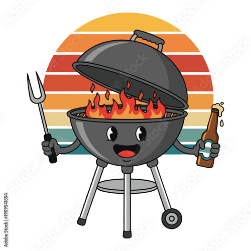 Funny BBQ grill mascot character with beer and sunset