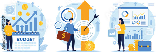 Business budget planning illustration, financial growth analysis, investment strategy dashboard, profit increase concept, money management, corporate finance, flat vector design