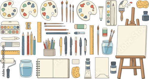 Artist tools and art supplies set with paint palette, brushes, pencils, watercolor, easel canvas