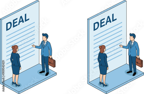 Business deal agreement illustration, contract negotiation meeting, corporate partnership signing, professional people discussion, legal document concept, flat vector design, success