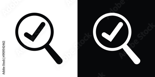 Magnifying glass icon with a bold check mark inside. Vector illustration representing verified search results, quality assurance, finding approved content, and successful inspection.