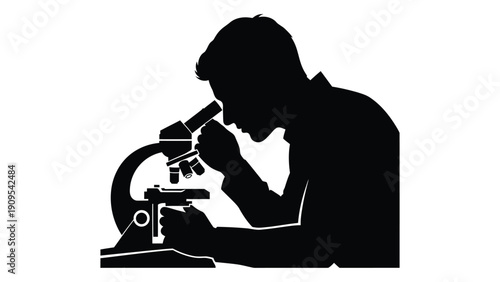 A silhouette of a person intently examining a specimen under a microscope. isolated on white background, Vector