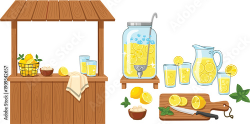 Lemonade stand and lemonade making set with wooden stall, jar, pitcher, glasses and lemons