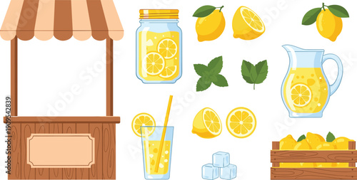 Lemonade stand elements set with wooden kiosk, jar, pitcher, glass, lemons, mint and ice