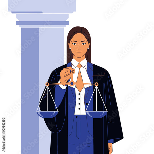 Lawyer in robe holding scales of justice, standing near pillar