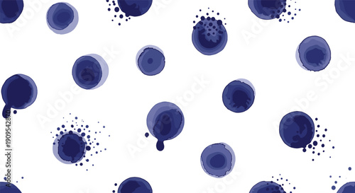 Abstract watercolor seamless pattern with blue ink circles, splashes and hand painted texture