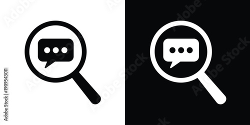 Vector icon featuring a magnifying glass focusing on a chat bubble with dots. Ideal for concepts of message search, communication audit, customer feedback analysis, and social monitoring.