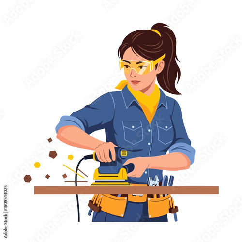 Female carpenter with safety glasses sanding wood with power tool
