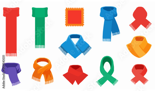 Colorful cartoon scarves and shawls in various shapes winter set