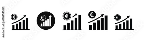 Euro growth graph and financial success icon set, business profit increase and economy progress symbol, market analysis chart vector illustration with editable stroke.