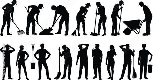Cleaning service workers silhouette set janitors with tools housekeeping black vector illustration