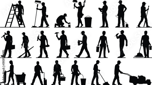 Cleaning and maintenance workers silhouette set janitor housework service people tools black vector illustration