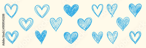 Blue sketched heart doodle collection with hand-drawn love symbols and romantic textures for wedding invitations or Valentines Day greeting cards. Vector illustration set of various shapes.