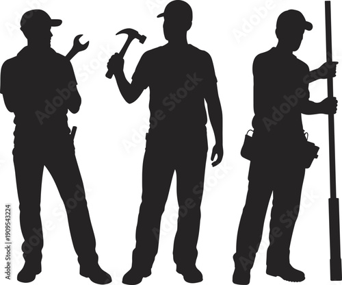 Construction workers silhouette group holding tools standing industrial labor black vector illustration isolated
