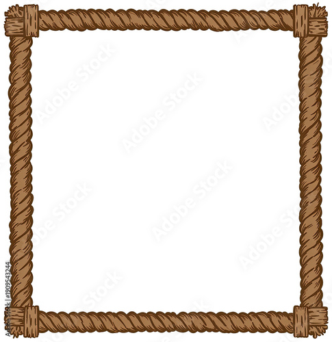 A cartoon-style square border made of thick, brown, twisted rope with dark corners, set against black