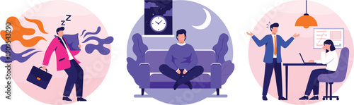 Business stress burnout illustration, work life balance concept, tired office worker sleeping, night relaxation, workplace conflict, modern flat vector design